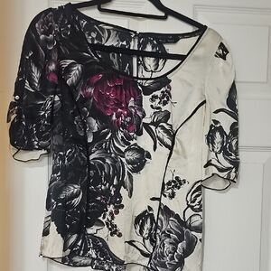 White House Black Market Black and Cream Floral Blouse